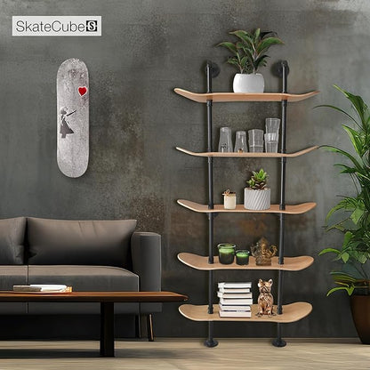 Industrial Shelves - 5 Tier Industrial Decor Pipe Bookcase Using 7 Ply Skateboard Decks - Natural Wood Stain Finish - Bathroom Wall Decor, Living Room Furniture, Book Shelf for Skateboard Enthusiasts