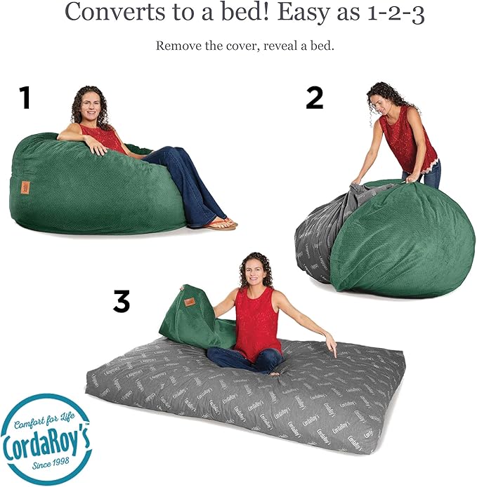 CordaRoy's Chenille Bean Bag - Convertible Bean Bag Chair & Bed - Machine-Washable Chenille Fabric Cover - for Basement, Living Room, Game Room, Dorm & More - Queen Size - Rainforest