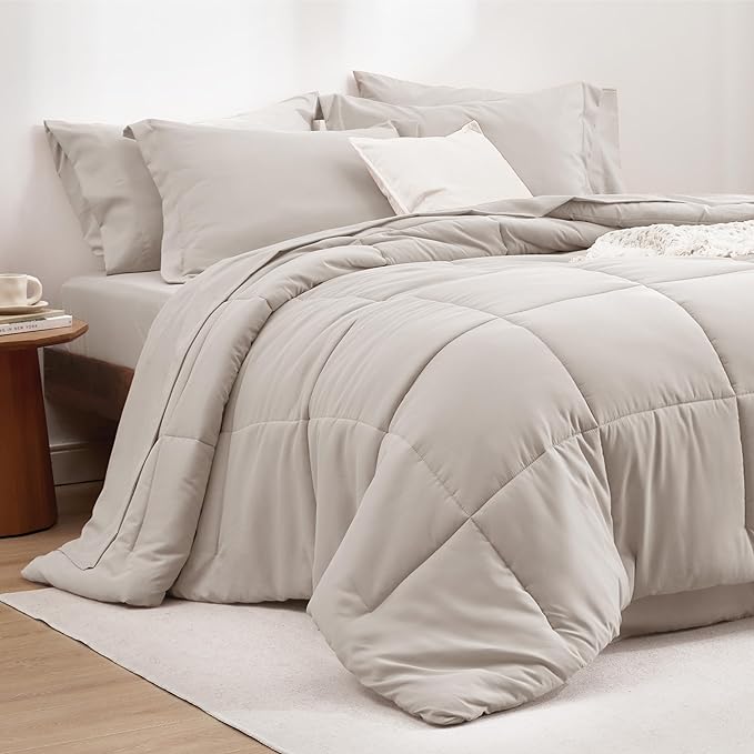 Bedsure Beige Twin Comforter Set - 5 Pieces Solid Twin Bed in a Bag, Twin Bed Set Beige with Quilted Warm Fluffy Comforters, Sheets, Pillowcase & Sham