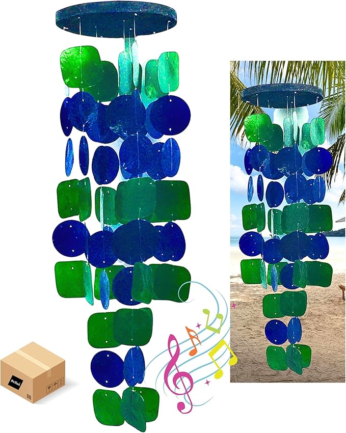 Bellaa 24858 Wind Chimes Outdoor, Garden Decorations, Musical, Indoor/Outside Windchimes, Beach, Ocean Breeze, Gifts for Mom, Gift for All Occasions, Capiz Sea Glass Shells Wood 27 inch Green Blue