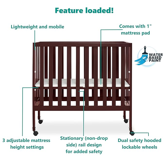 Jett Non-Full Size Folding Convertible Crib, Lightweight Portable Crib, Three Adjustable Mattress Height Settings, Easy to Fold Travel Crib, 1.5” Mattress Pad Included