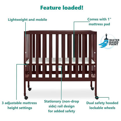 Jett Non-Full Size Folding Convertible Crib, Lightweight Portable Crib, Three Adjustable Mattress Height Settings, Easy to Fold Travel Crib, 1.5” Mattress Pad Included