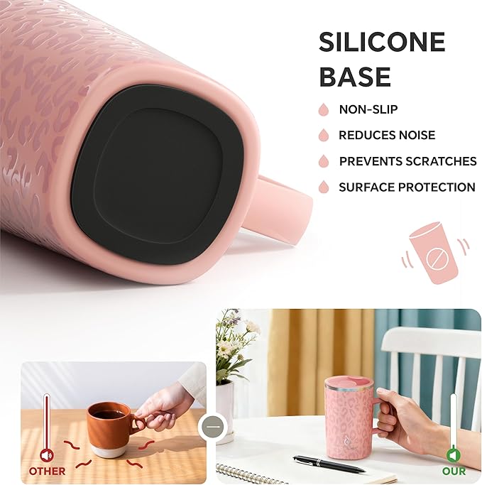 Ideus 16 oz Insulated Stainless Steel Coffee Mug with Lid, Leopard Pink | Perfect for home, office, or daily use| Easy to clean wide mouth| Sweat-proof| On the go