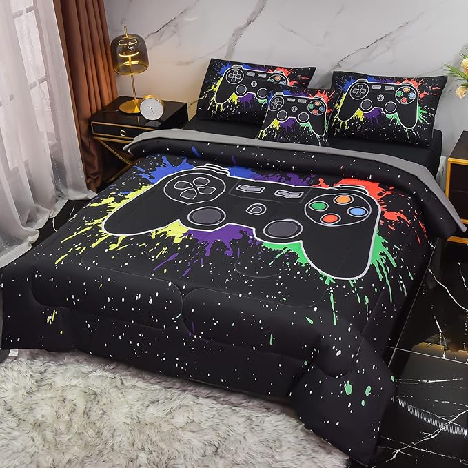 6Pcs Gamer Comforter Set with Sheets for Boys Girls Kids Teens, Colorful Graffiti Gaming Themed Bed in A Bag Full Size, Black 3D Video Game Controller Bedroom Decor Bedding Set