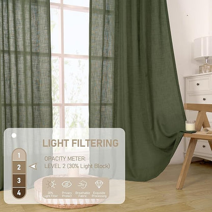 LAMIT Olive Green Linen Curtains 72 inches Long for Living Room, Soft Thick Semi Sheer Light Filtering Bronze Grommet Window Treatments Neutral Drapes for Bedroom, 2 Panels Set, 52 x 72 Inch