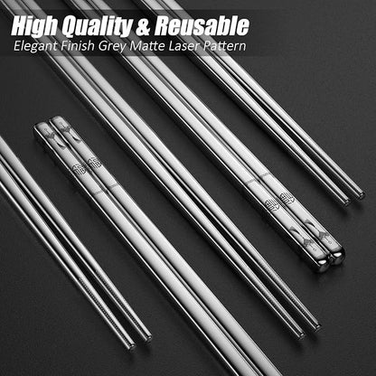 Stainless Steel Chopsticks - 5 Pairs Reusable Metal Chopsticks Dishwasher Safe, Japanese Chinese korean Chop sticks Set,Non-Slip Stainless Chop sticks, Silver Metal Chop sticks for Adults