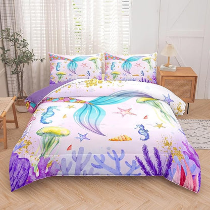 NINENINE Girls Mermaid Bedding Set,Mermaid Tail Comforter Set,Twin Size Bedding Sets for Girls,Princess Toddler Bedding Sets for Girls with 1 Comforter 1 Pillowcase…
