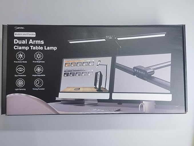 Hapfish LED Desk Lamps for Home Office, 24W Double Head Clip on Desk Light Bar with Light Sensor Function, 5 Color Modes and 5 Dimmable, Eye Protection Clamp Lamp for Monitor Studio Reading Study