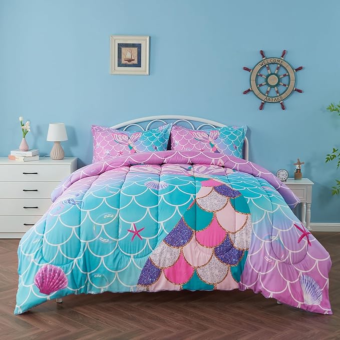 Full Size Comforter Sets for Girls Mermaid Tail Rainbow Scales Bedding Set 3 Pieces Full Comforter with 2 Pillowcases for Kids, Teenagers