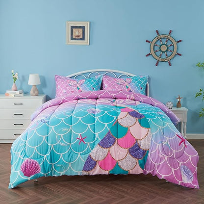 Queen Size Comforter Sets for Girls Mermaid Tail Rainbow Scales Bedding Set 3 Pieces Queen Comforter with 2 Pillowcases for Kids, Teenagers