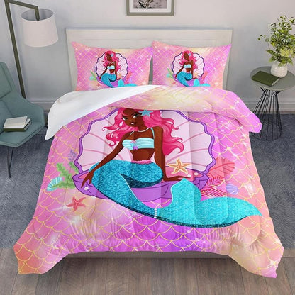 Datura home Bedding Comforter Set Black Girl Magic Mermaid Printed Pattern Quilt with 1 and 2 Pillowcases for Girls Bedroom All Season(Black Pink Queen) Queen 90x90inches