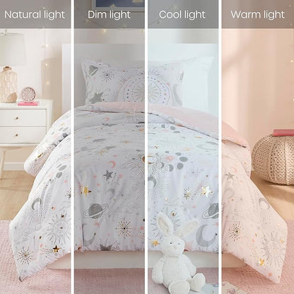 Mi Zone Kids Twin Comforter Set, Celestial Metallic Comforter Set Starry Sky, Moon & Sun Comforters, All Seasons Lightweight & Fluffy Comforter Bed Set, 1 Sham, Celia, Twin, Blush/Gold 3 Piece