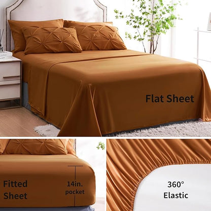 Ubauba 7pc Burnt Orange Queen Comforter Set, Rust 7 Piece Pintuck Bed in a Bag with Sheets, All Season Pinched Pleat Bedding Comforters & Sets,(Rustic, Queen Size)
