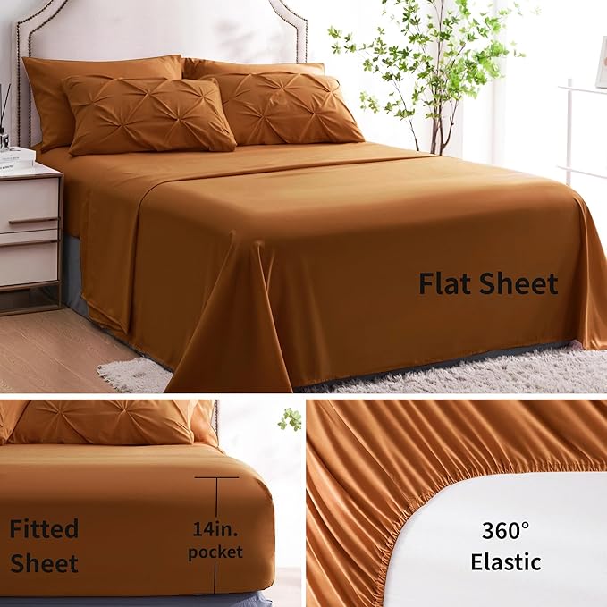 Ubauba 7pc Burnt Orange Comforter Set Full Size, 7 Pieces Pintuck Bed in a Bag Rust Bed Set with Comforter and Sheets, Bedding Comforters & Sets (Rustic, Full)