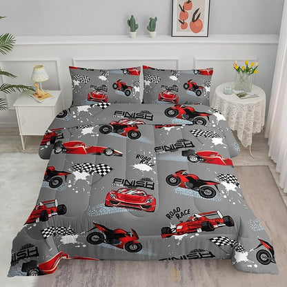 Axolotl Kid Comforter Set Twin Size,Racing Car Bedding Set for Boys Girls Teen Kids Children Car Racing Gifts,Race Cars Quilt Bed Set with 1 Comforter 2 Pillowcases,Red Grey