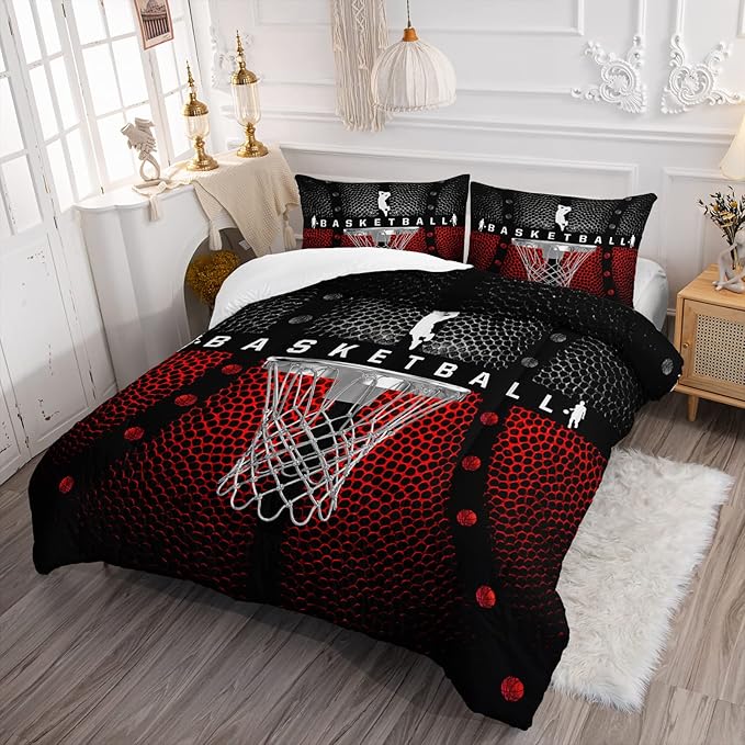 Axolotl Basketball Bedding Set for Boys Kids Teens,Soft Microfiber Black and Red Sports Theme Basketball Bedding Sets Full Size with 1 Comforter and 2 Pillowcases All Season
