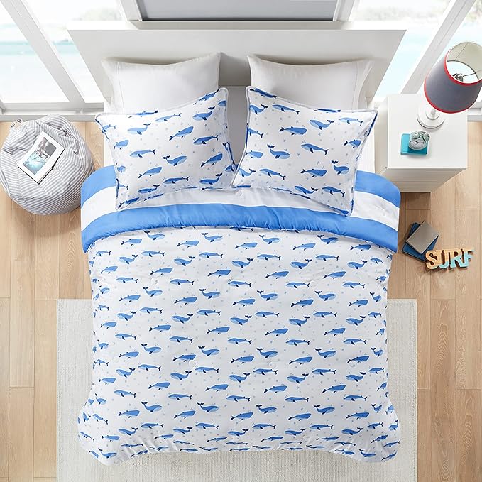 Mizone Kids Blake Reversible Dolphin Comforter Set - Adventure Animal Adorable Print with Stripe Reverse, Fun Bedroom Décor, Modern All Season Kids Bedding, Matching Sham, Full/Queen, Blue 3 Piece