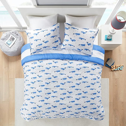Mizone Kids Blake Reversible Dolphin Comforter Set - Adventure Animal Adorable Print with Stripe Reverse, Fun Bedroom Décor, Modern All Season Kids Bedding, Matching Sham, Full/Queen, Blue 3 Piece