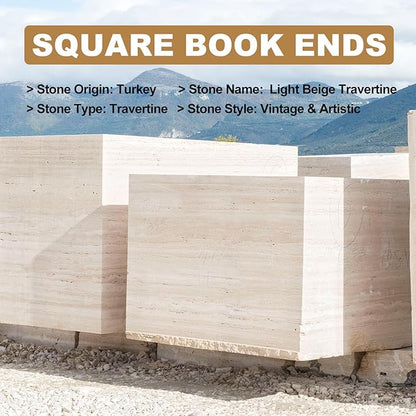 Natural Marble Bookends for Heavy Books, Heavy Duty Square Decorative Stone Book Ends for Shelves, Aesthetic Travertine Book Holder, Modern Office Bookshelf Stopper Decor, Beige, Set of 2