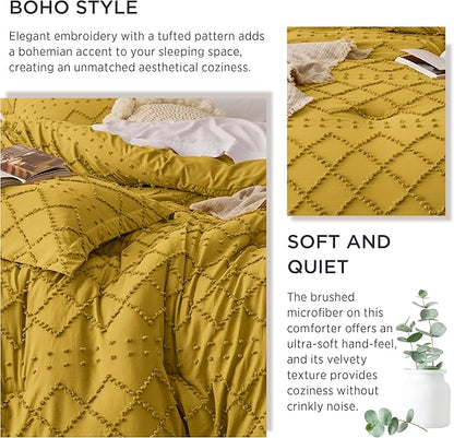 Bedsure King Size Comforter Set - Mustard Yellow Comforter, Boho Tufted Shabby Chic Bedding Comforter Set, 3 Pieces Farmhouse Bed Set for All Seasons, Fluffy Soft Bedding Set with 2 Pillow Shams