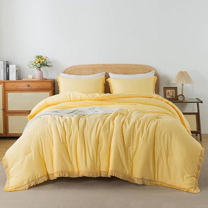 Andency Yellow Tassel Comforter Set Twin(68x90Inch), 2 Pieces(1 boho Comforter, 1 Pillowcase) Farmhouse Shabby Chic Comforter Set, Soft Microfiber Lightweight Fringe Bedding Comforter Set