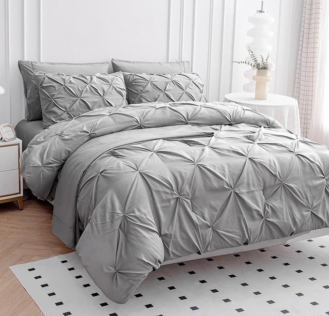 LANE LINEN Twin Comforter Set with Sheets, 5 Piece Twin Bed in a Bag Set, Pintuck Twin Bedding Sets, Ultra Soft Twin Bed Set, Fluffy Comforter, Twin Size Comforter Set with Pillowcases & Shams-Silver