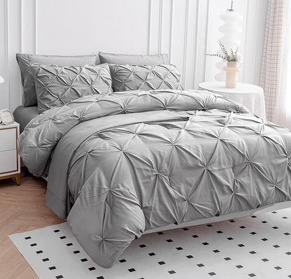 LANE LINEN Twin Comforter Set with Sheets, 5 Piece Twin Bed in a Bag Set, Pintuck Twin Bedding Sets, Ultra Soft Twin Bed Set, Fluffy Comforter, Twin Size Comforter Set with Pillowcases & Shams-Silver