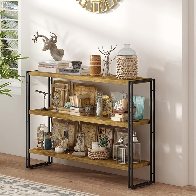 3-Tier Rustic Wood and Metal Industrial Bookcase - 40in, For Home Office, Bedroom, Kitchen, Bathroom