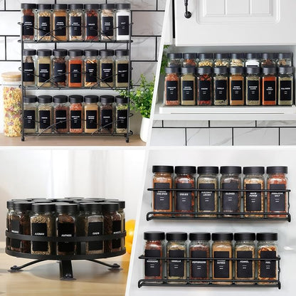 24 Spice Jars with Labels, 4oz Seasoning Jars for Cabinets, Drawers, Racks | Lead-free glass seasoning containers with black airtight lids, and they are dishwasher safe