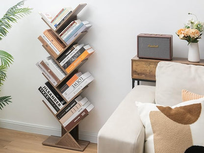 Labcosi 8 Tier Tree Bookshelf, Floor Standing Wood Tree Bookcase, Tall Book Storage Rack for Books/CDs, Book Organizer Shelves for Home Office, Bedroom, Living Room