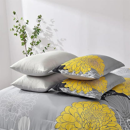 7 Pieces Bed in a Bag Comforter Set Yellow Floral Comforter Flowers Soft Microfiber Bedding Set King Size (1 Comforter 1 Flat Sheet 1 Fitted Sheet 2 Pillowshams 2 Pillowcases)