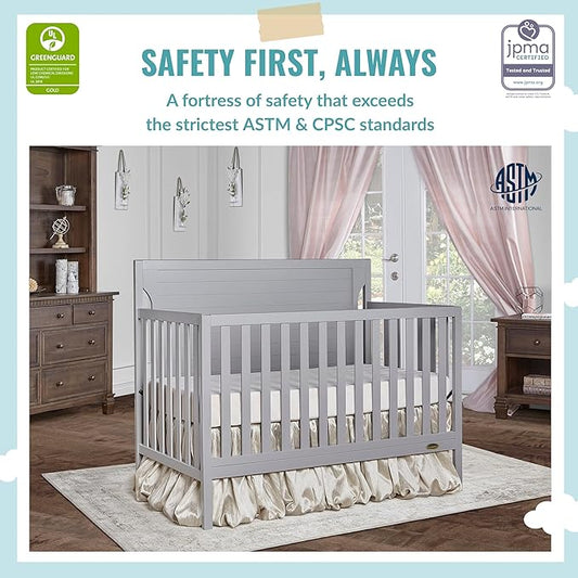 Cape Cod 5-In-1 Convertible Crib In Pebble Grey, Greenguard Gold And JPMA Certified, Built Of Sustainable New Zealand Pinewood, 3 Mattress Height Positions