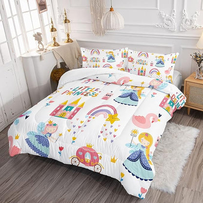 Datura home Girls Bedding Comforter Set Little Princess and Rainbow Castle Printed Pattern Quilt Bedding Set with 1 Comforter and 2 Pillowcases for Girls Bedroom All Season(Princess Twin)
