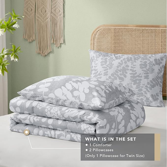 Codi Gray Floral Comforter Set Twin Size, Botanical Bedding Sets | Unique Reversible Design, Lightweight, Better for Spring and Summer | Leaf Print 3 Pieces