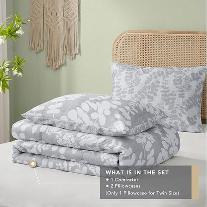 Codi Gray Floral Comforter Set Twin Size, Botanical Bedding Sets | Unique Reversible Design, Lightweight, Better for Spring and Summer | Leaf Print 3 Pieces