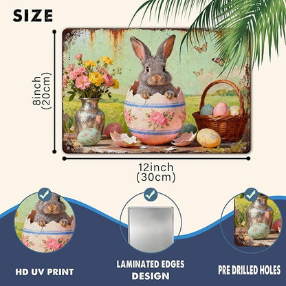 YoyaVex Vintage Easter Bunny Metal Sign Cute Rabbit Design Rustic Farmhouse Wall Art For Home Garden Outdoor Bar Cafe Decor Holiday Renovation 8X12Inch