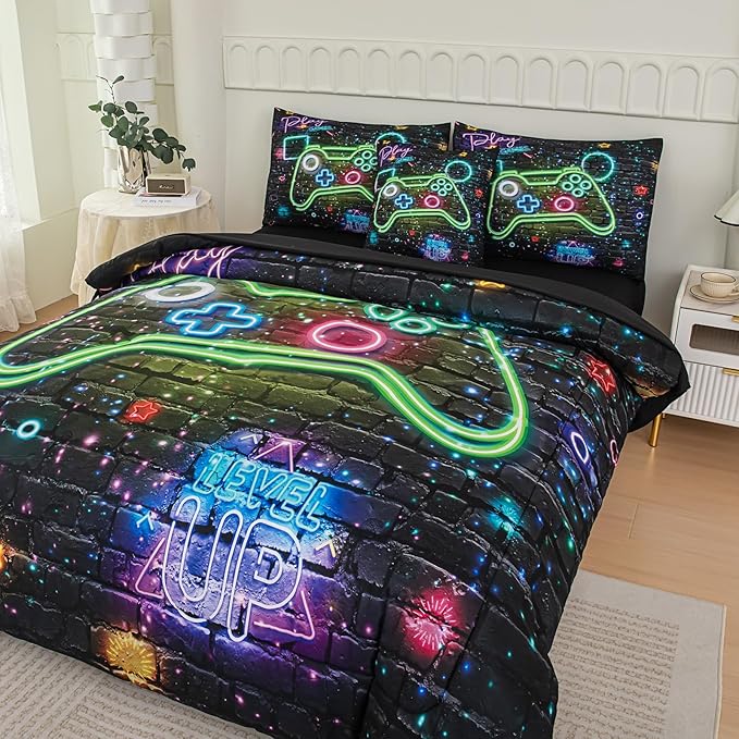 NINENINE Gamer Bedding Sets, 6PCS Full Size Comforter Size for Boys,Gaming Bedding Sets for Boys Bed in A Bag Gamer Comforter Sets(1Comforter,1Flat Sheet,1Fitted Sheet,1Cushion Cover,2Pillowcases)…