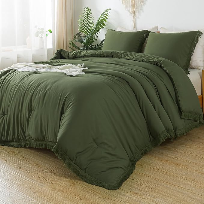 Andency Olive Green Comforter Set Full Size, 3 Pieces Boho Tassel Lightweight Bedding Comforter Sets, All Season Soft Fluffy Fringe Bed Set (79x90In Comforter & 2 Pillowcases)
