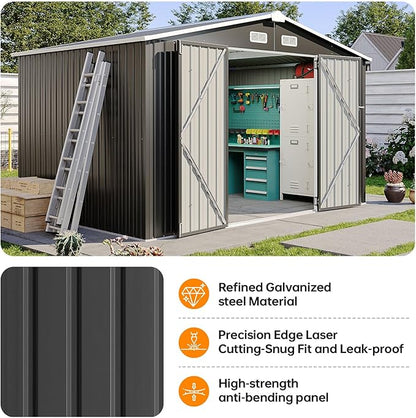 10x8 FT Metal Outdoor Storage Shed, Dual Doors with Lockable Bolts, Large Garden Shed for Yard Tools, Bike, Generator, Waterproof Galvanized Steel Panel with Vent & Sloping Roof
