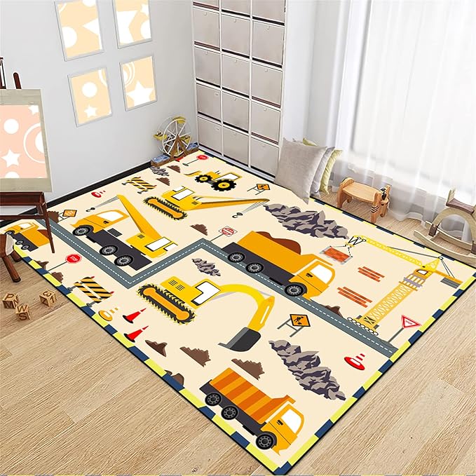 Construction Play Mat Car Rug Play Mat Construction Rugs for Boys Room Car Rug for Boys Room Construction Decor for Boys Room Playroom Rug for Livingroom 4'5''×6'