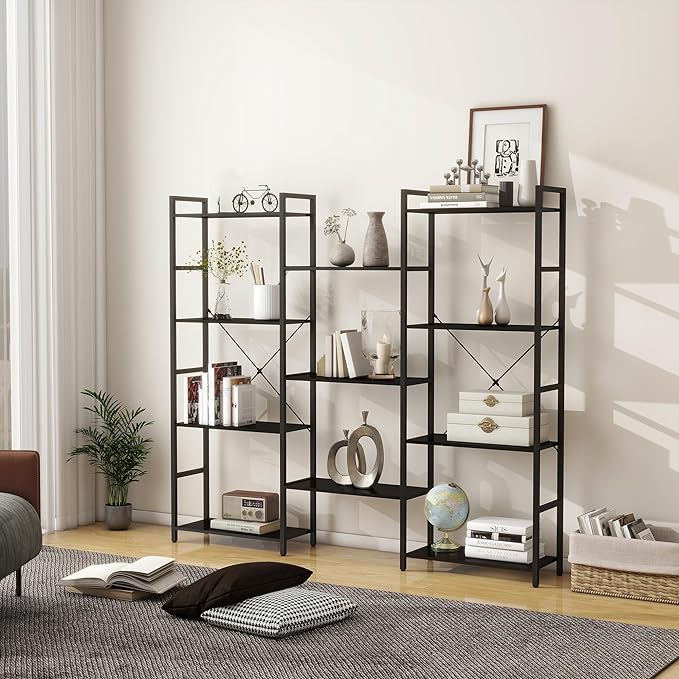 Panana Triple 4 tier bookshelf, Industrial Bookcase with 11 Open Display Shelves Wide Book Shelf Book Case with Metal Frame for Living Room Home Office (Black)