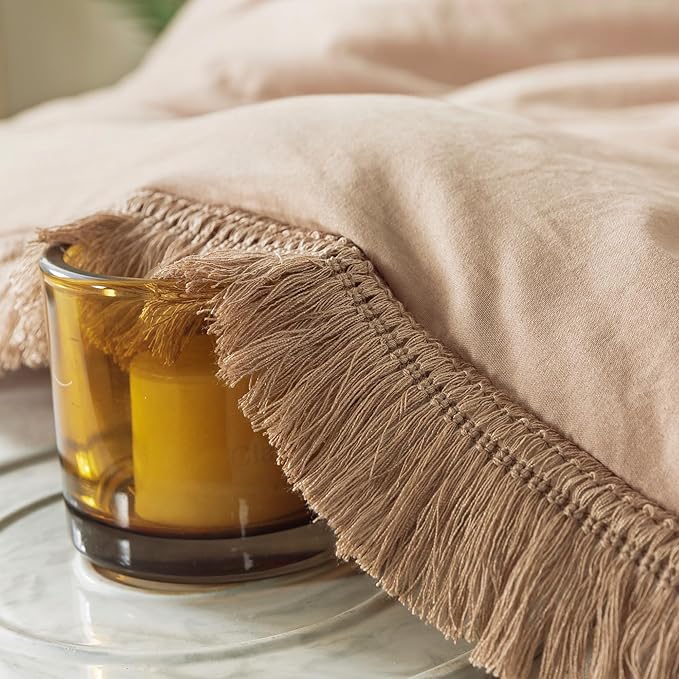 Andency Taupe Comforter Set Queen, 3 Pieces Boho Tassel Lightweight Bedding Comforter Sets, Tan All Season Soft Fluffy Fringe Bed Set (90x90In Comforter & 2 Pillowcases)