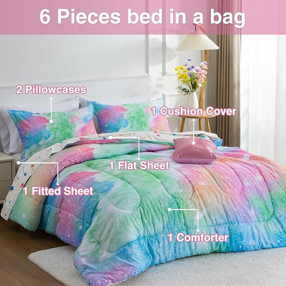 A Nice Night Galaxy 6pcs Kids Bed in a Bag Outer Space Comforter 3D Printed Space Quilt Set Glitter Pink Green Color,for Children Boy Girl Teen Kids,Queen
