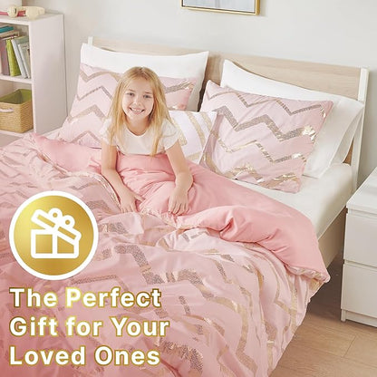 Codi Twin Comforter Set for Girls - Cute Pink Bedding Sets for Twin Size Bed - 3 Piece Set for Teen Girl - includes 1 Rose Gold Comforter, 1 Decorative Pillow, 2 Pillow Cases - All Seasons Warm