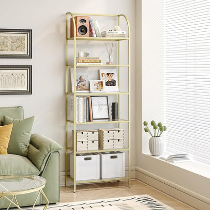 Bookcase Bookshelf, Tempered Glass Arched Bookshelf for More Storage, Slim Shelving Unit for Bedroom, Bathroom, Home Office, Steel Frame, Wide 6 Tier Gold BC22699G