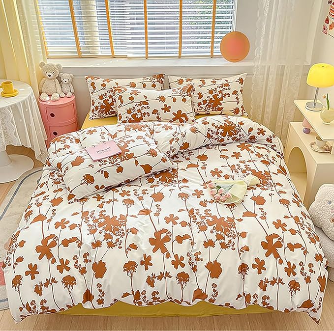 Botanical Comforter Set Full White and Pumpkin Floral Plant Bedding Comforter Set Girls Garden Pattern Printed on White Blanket Rustic Leaf Blossom Women White Farmhouse Comforter Full