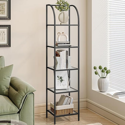 Bookcase Bookshelf, Tempered Glass Arched Bookshelf for More Storage, Slim Shelving Unit for Bedroom, Bathroom, Home Office, Steel Frame, 5 Tier Black BC20599B
