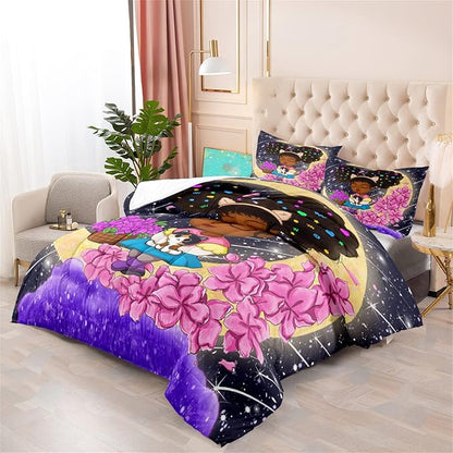 Afro African Girls Comforter Set for Girls Bedroom Teens Black Girls Bedding Sets for Girls Lovely Little African American Girls Comforter with 2 Pillowcases Cute Princess Bedding Set, Queen Size