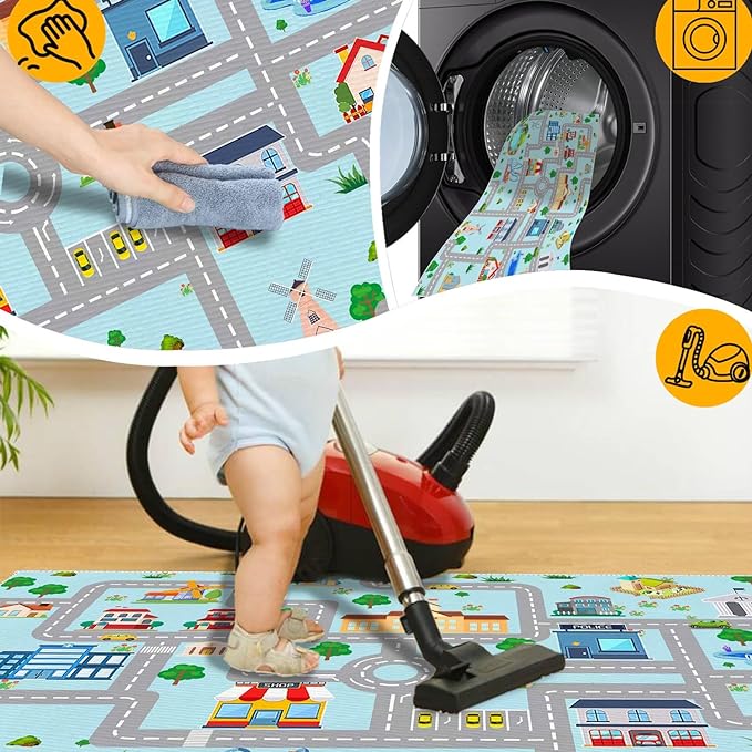 Kids Car Rug,4x6 City Life Traffic Road Playmat for Toy Cars Trains, Non-Slip Race Track Carpet Educational Fun Area Rugs for Boy and Girl Bedroom Nursery