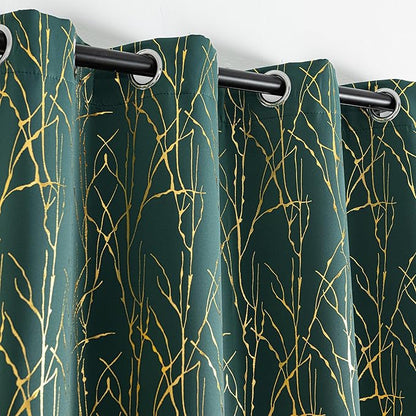 Grommets Blackout Long Window Curtains Green Gold-52W*108L 2PCS Drapes for Bedroom